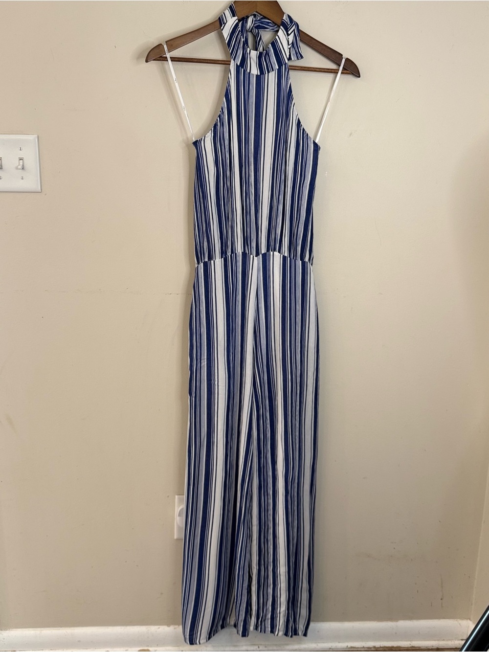Lulus denim blue & white stripe sleeveless jumpsuit lined XS